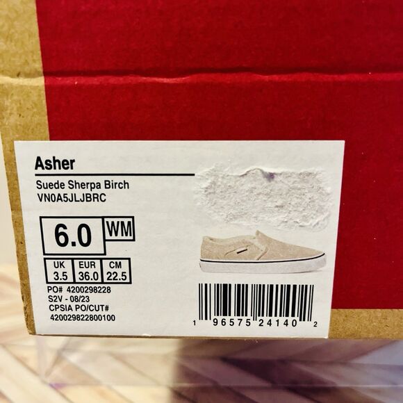 Vans Asher Women's 6 Suede Slip-On Shoes Birch Cream Faux Fur Sherpa Lined New - Picture 8 of 9